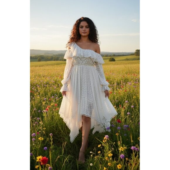 NWT Self Portrait Daisy Midi in White Off Shoulder Asymmetrical Dress UK S US 4 - Picture 1 of 14